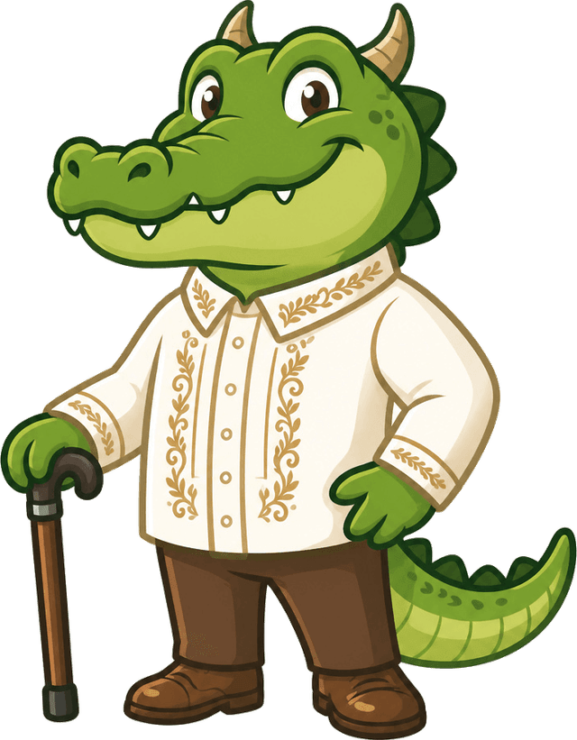 A crocodile in a barong tagalog, leaning on a cane. The mascot of this budget tracker.