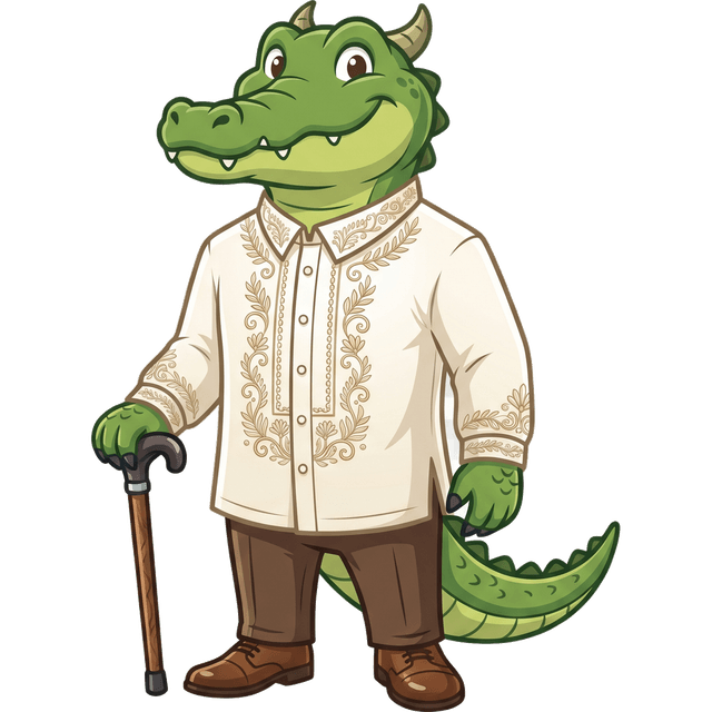 A crocodile in a barong tagalog, leaning on a cane. The mascot of this budget tracker.